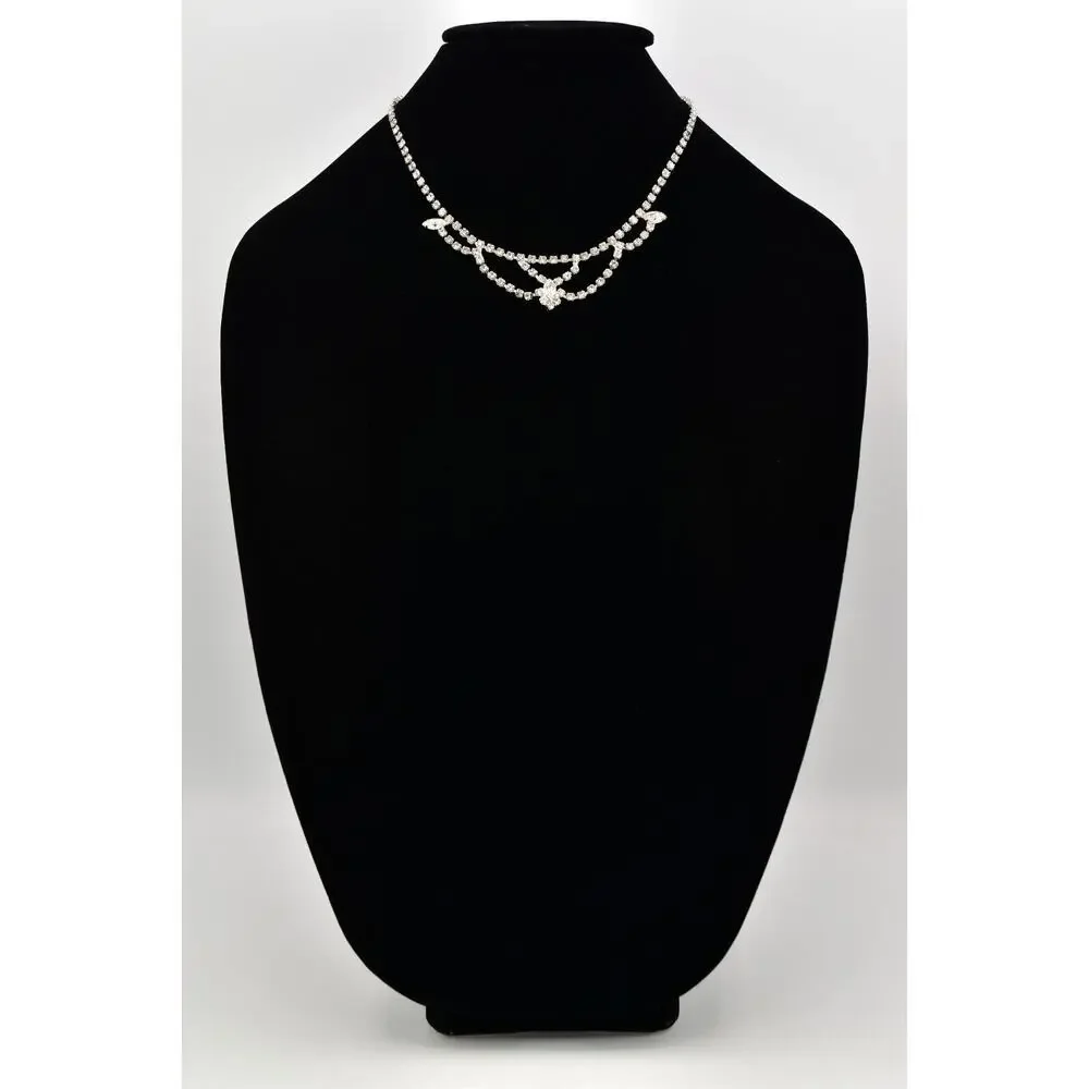 Vintage Crystal Collar Necklace Prong Rhinestone Silver Tone Shiny 1980s BinBD
